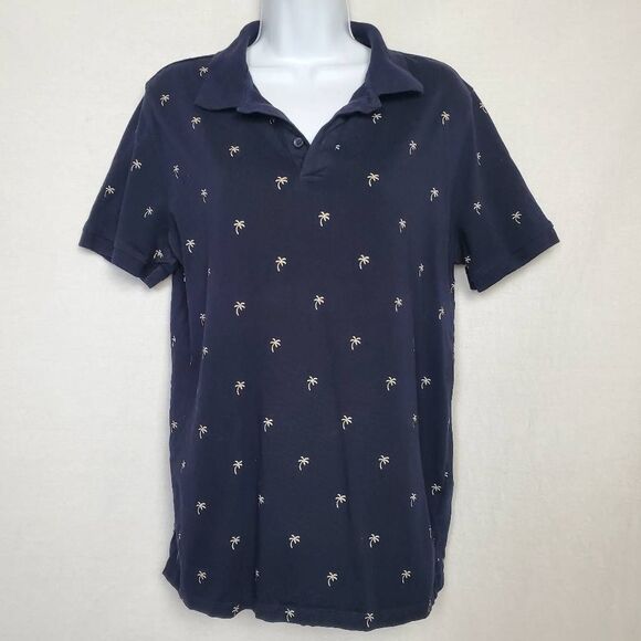 H&M Navy Polo Palm Tree Print Shirt M - Picture 1 of 8